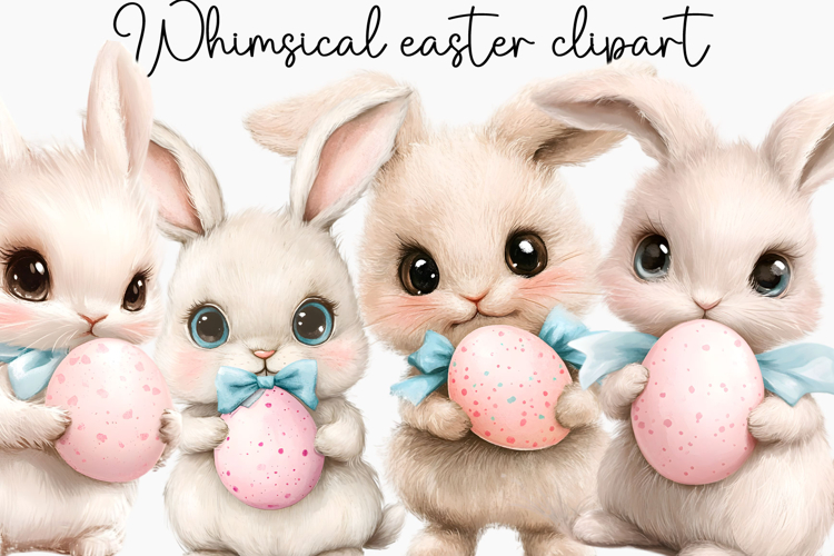 Whimsical Bunny Easter Clipart, Watercolor Easter Bunny PNG