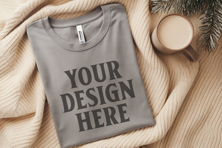 Christmas Bella Canvas 3001 Ash Folded Tshirt Mockup