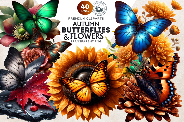 Autumn Butterfly and flower Clipart Bundle: Moody Floral PNG