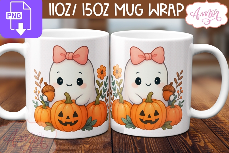 Cute Halloween mug wrap PNG, Cute ghost and pumpkins png