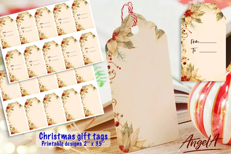 Merry Christmas printable gift tags, floral tags, holly PNG