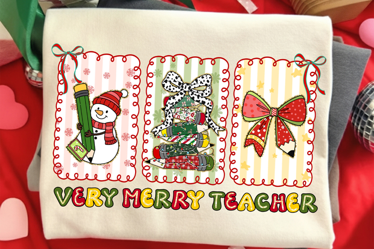 Preppy Coquette Very Merry Teacher Christmas png
