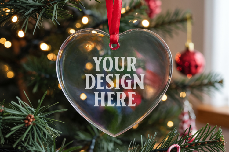Christmas Heart Crystal Glass Ornament Mockup | Clear Heart