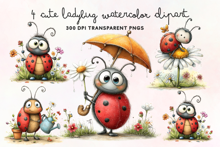 Cute Ladybug Watercolor Clipart PNG