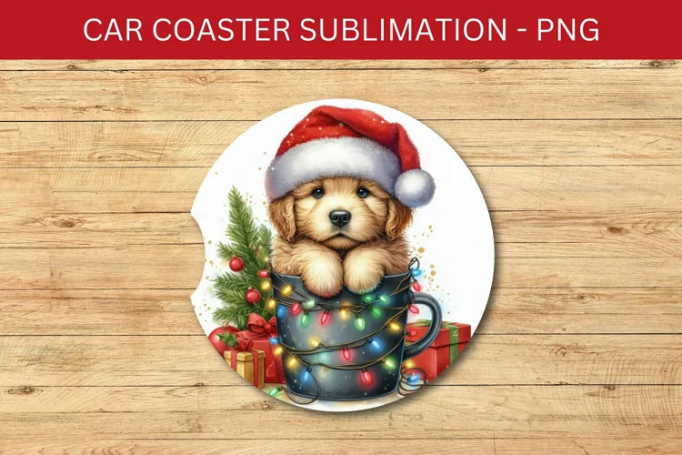 rounded car coaster - puppy in the mug
