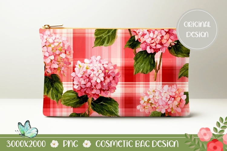 Pink Hydrangea Cosmetic Bag Print, Floral Cosmetic Bag