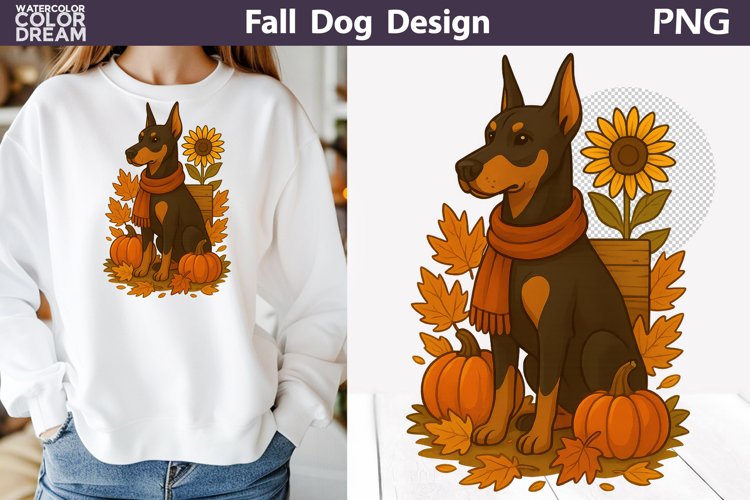 Doberman Fall Clipart | Autumn Dog PNG Sublimation