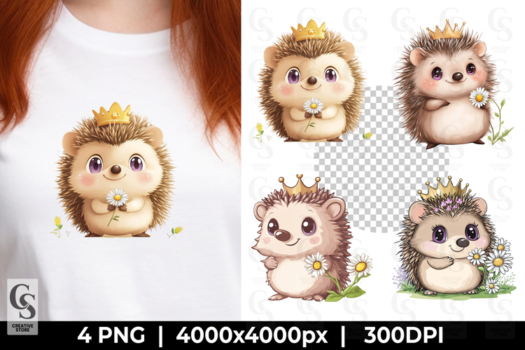 Cute Hedgehog with Crown Kawaii Animal Clipart PNG