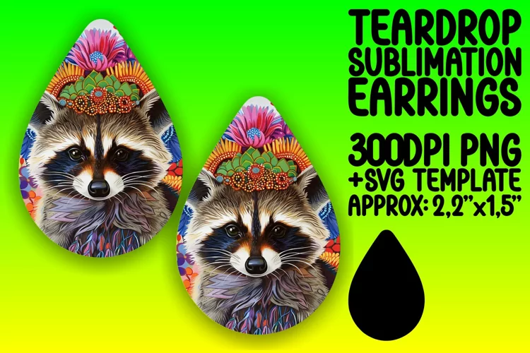 Teardrop Earrings: Colorful Raccoon & Blooming Flowers