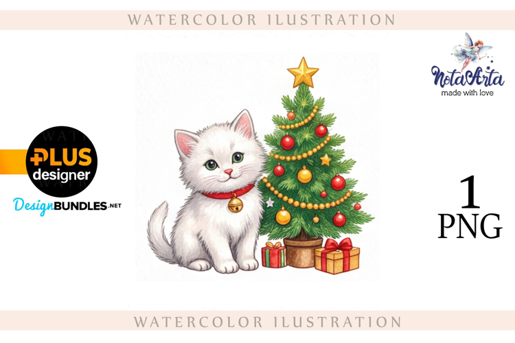 Christmas Kitten in Watercolor Style