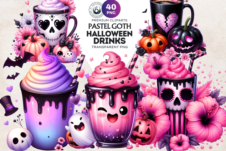 Pastel Goth Halloween Drinks - Kawaii Spooky Clipart PNG