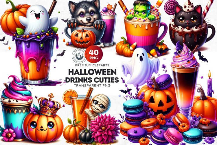Halloween Drinks cuties Clipart Set, Cute Spooky Kawaii