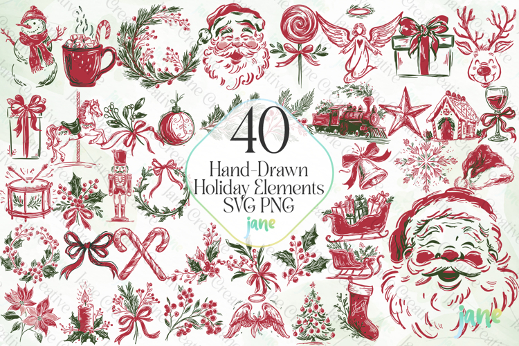 40 Hand-Drawn Holiday Elements SVG PNG Bundle