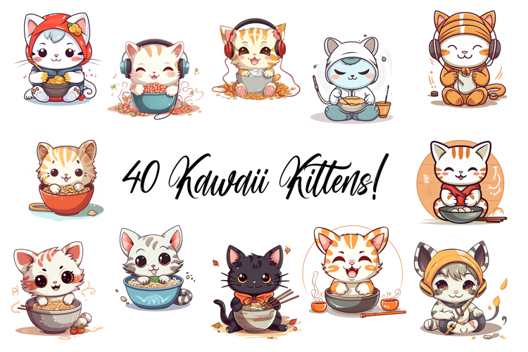 40 Kawaii Kitten Illustration Sticker Collection PNG