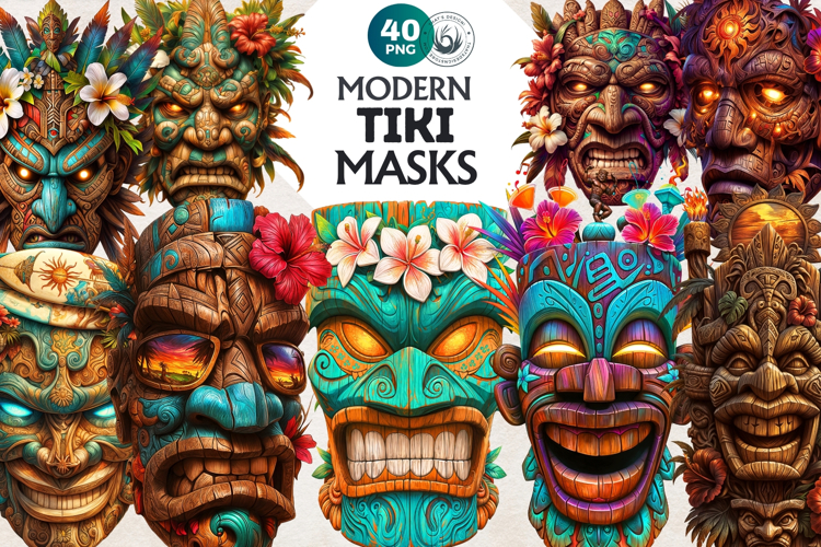 Tiki Masks Cliparts Set, Polynesian Art, Tiki bar, hawaiian example image 1