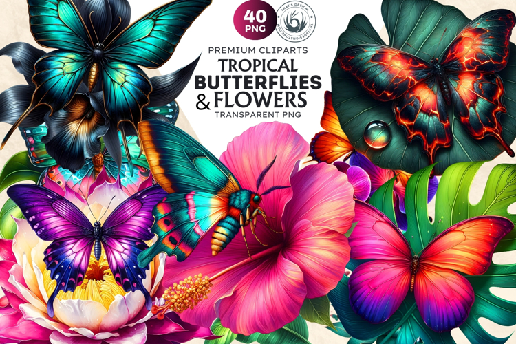 Tropical Butterfly & Flower Clipart Bundle: Vibrant florals
