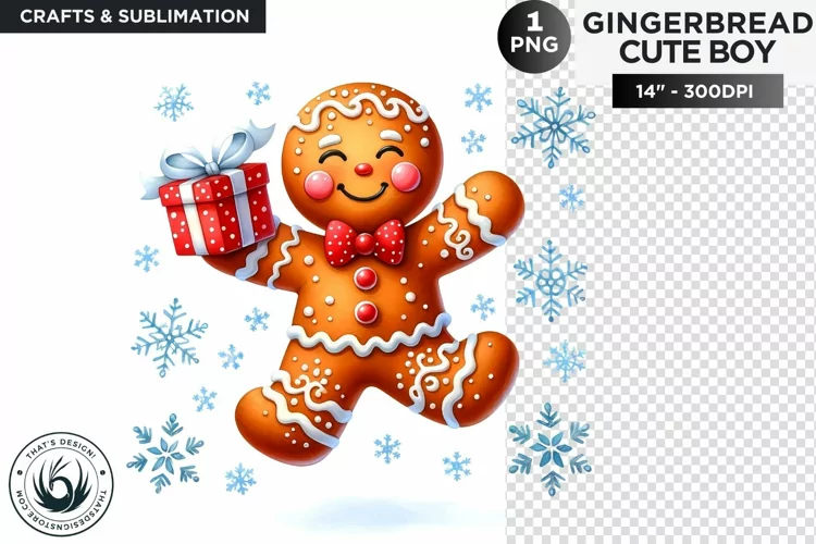 Gingerbread man with snowflakes & gift Christmas png clipart