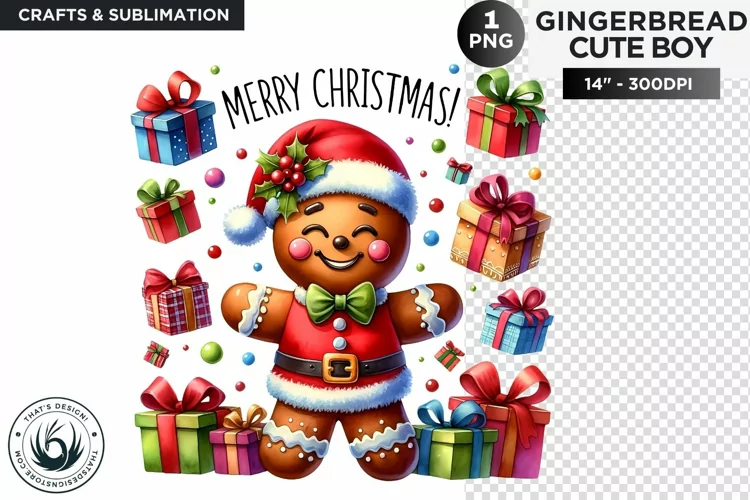 Gingerbread man with gifts & santa hat png clipart