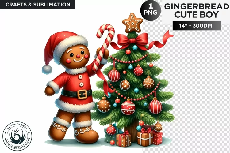 Gingerbread man with santa hat & christmas tree png clipart