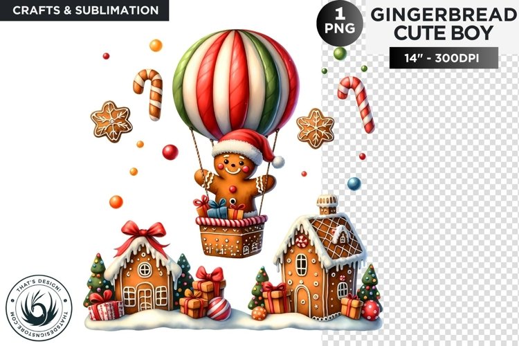 Gingerbread man and house in hot-air balloon png clipart