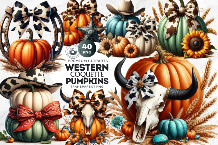 Western Coquette Pumpkins PNG, Cowgirl Fall Decor clipart