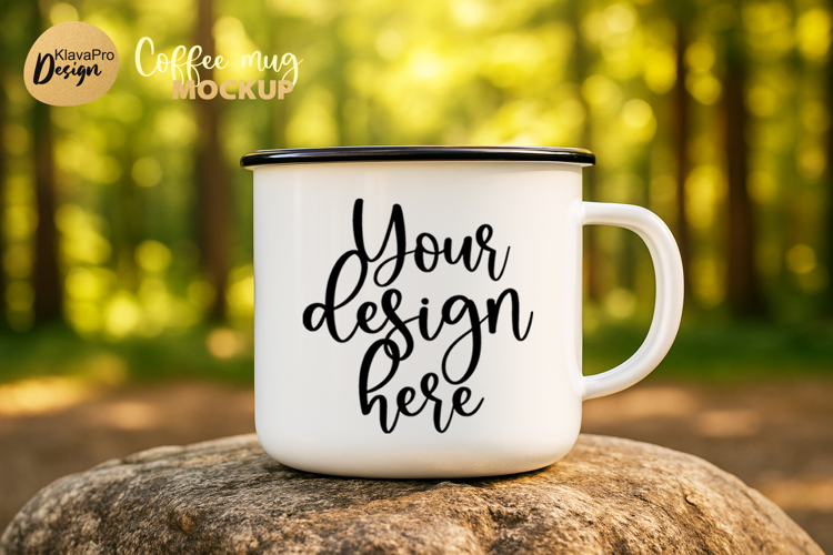 Camping Mug Mockup Enamel Cup on Rock in Forest