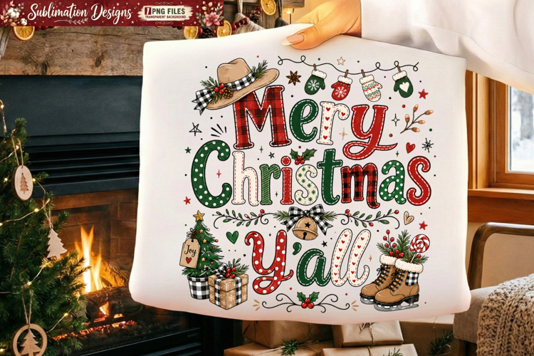 Merry Christms y'all Sublimation Design,Christmas Sublimatio example image 1