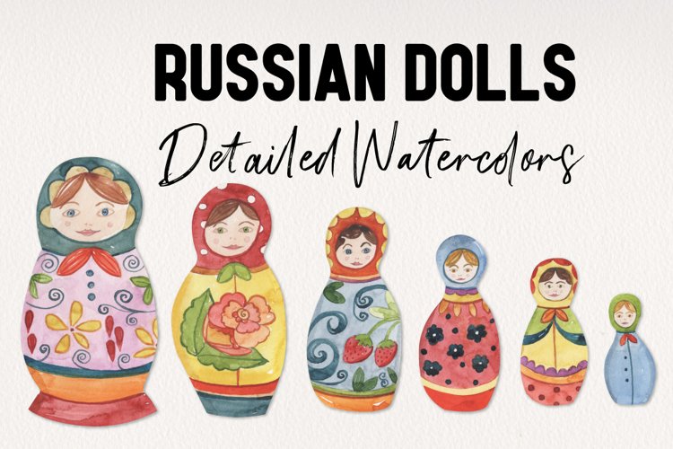 Detailed Russian Dolls Collection Watercolor Elements Floral