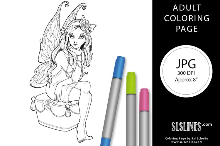 Pretty Fairy with Wings Adult Coloring Page JPG example image 1