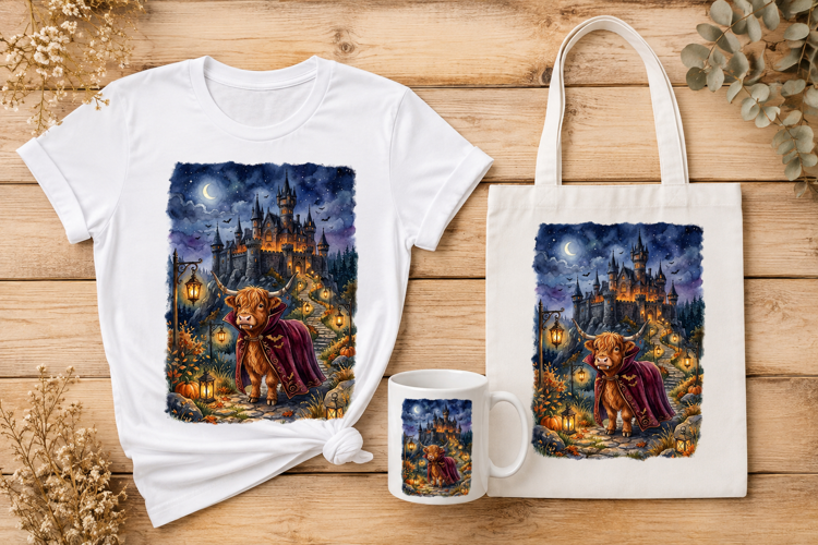 Vampire Highland Cow Cape Gothic Castle Halloween Art