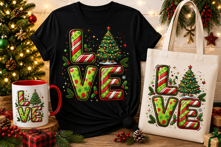 Christmas LOVE PNG | Festive Typography Tree Clipart Design