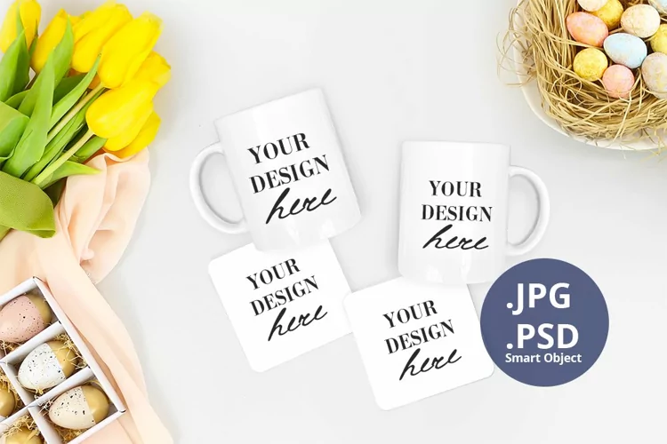 Easter 2 two Coffee Mugs & 2 two Coasters mockup, PSD & JPG