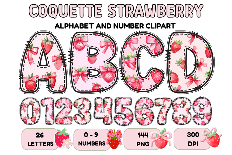 Coquette Strawberry Alphabet PNG Letters & Numbers 300DPI