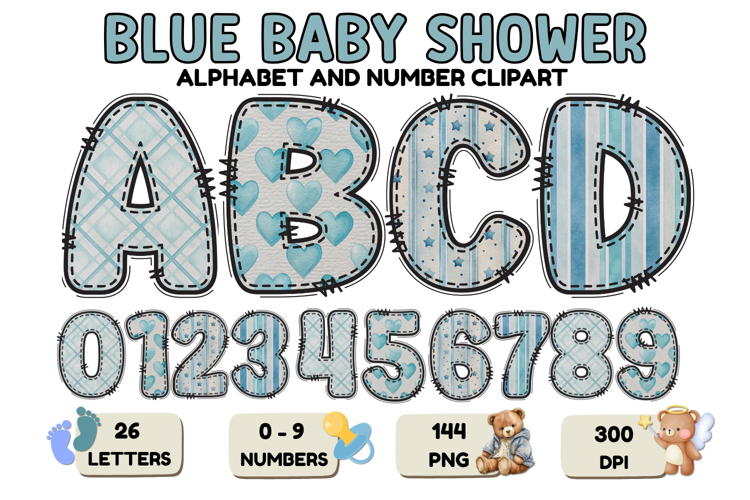 Blue Baby Shower Alphabet Clipart PNG 300 DPI