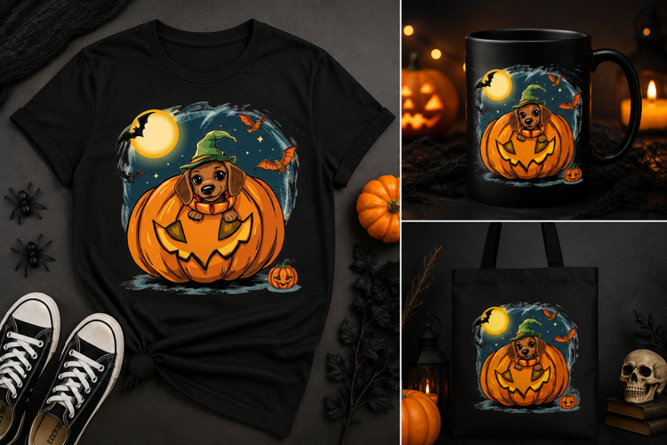 Halloween Dog Pumpkin PNG | Cute Dachshund Witch Hat Design