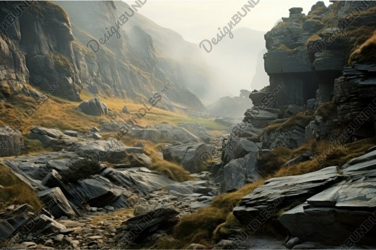 Misty mountain path at dawn