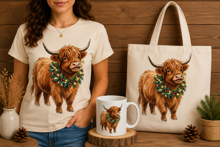 Cute Highland Cow Christmas Wreath Holiday Art Design