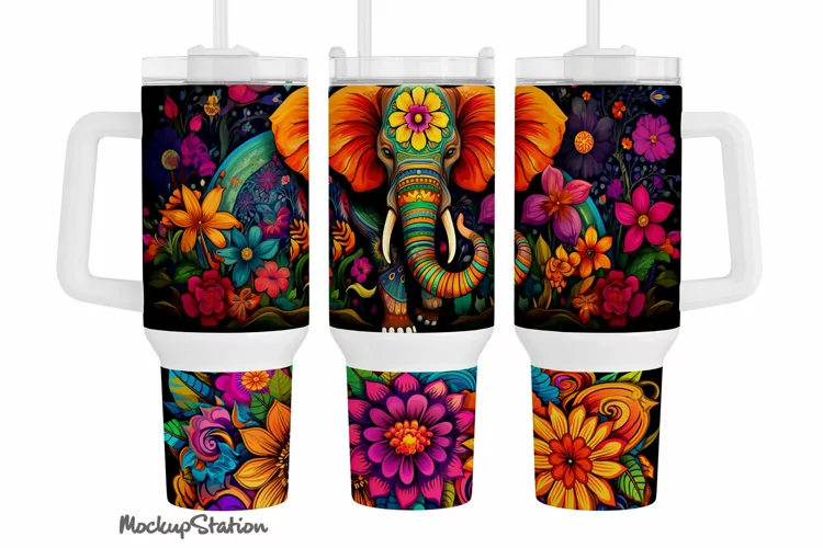 Elephant 40 oz Quencher Tumbler Wrap PNG | Boho Stanley Cup