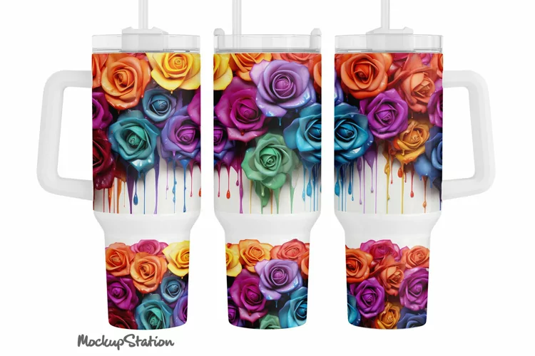 Rainbow Dripping Roses 40 oz Quencher Tumbler Wrap PNG