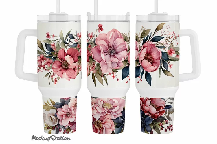 Pink Flowers 40oz Stanley Tumbler Wrap PNG | Watercolor