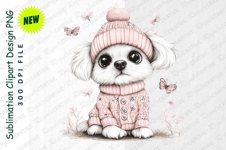 Charming Puppy Wearing Pink Winter Hat And Sweater Clipart