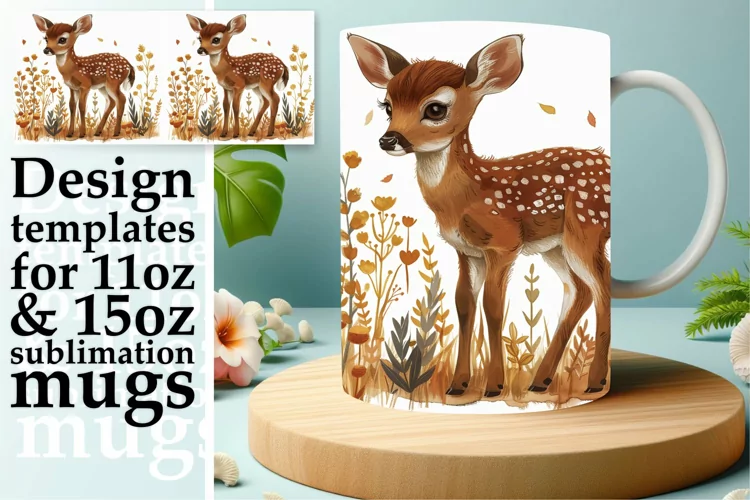 Deer Watercolor Mug Wrap Sublimation Design