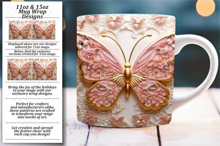 Shimmering 3D Butterfly Bliss: Mug Wrap 11oz 15oz