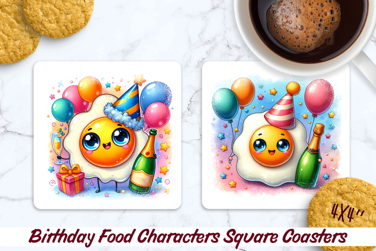 Birthday Food Square Coaster PNG 4x4, Sublimation Design.