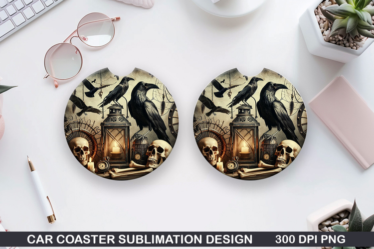 Two black birds Car Coaster Sublimation | Halloween Coaster