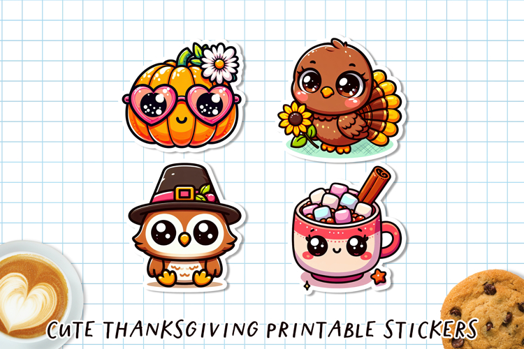 Cute Kawaii Thanksgiving Stickers | Fall Sticker Sheet PNG example image 1