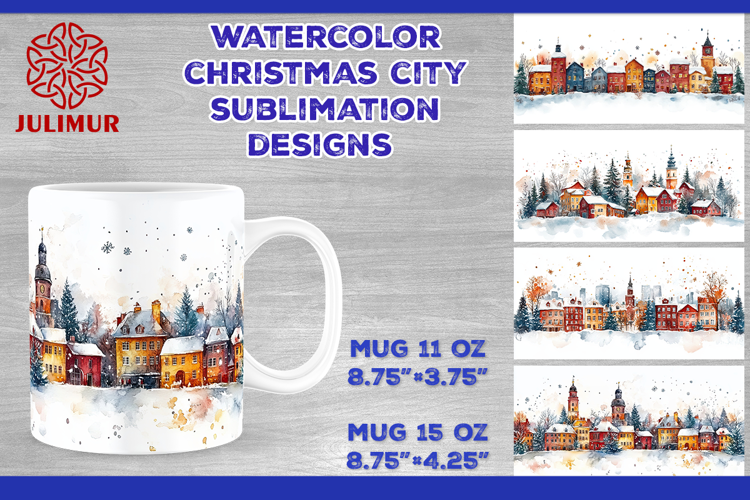 Watercolor Christmas City Mug Sublimation Design