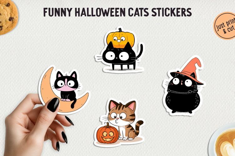 Funny Halloween Cat Sticker PNG Printable Stickers.