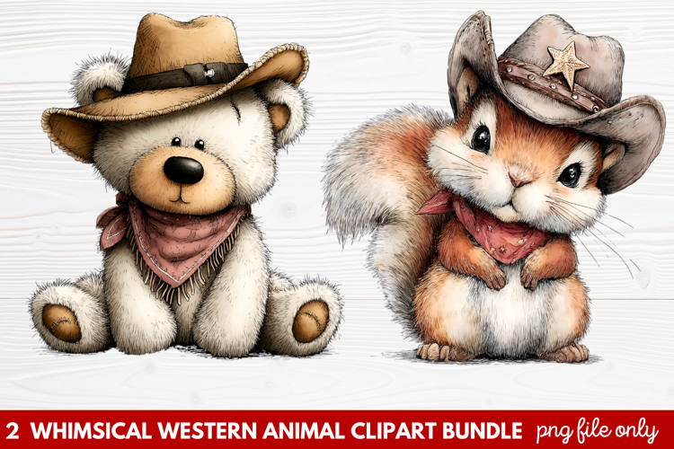 2 Whimsical Western Animal Clipart | Cute Cowboy Animals PNG