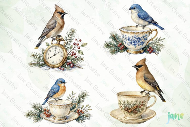 Vintage Winter Bird Clipart example image 1